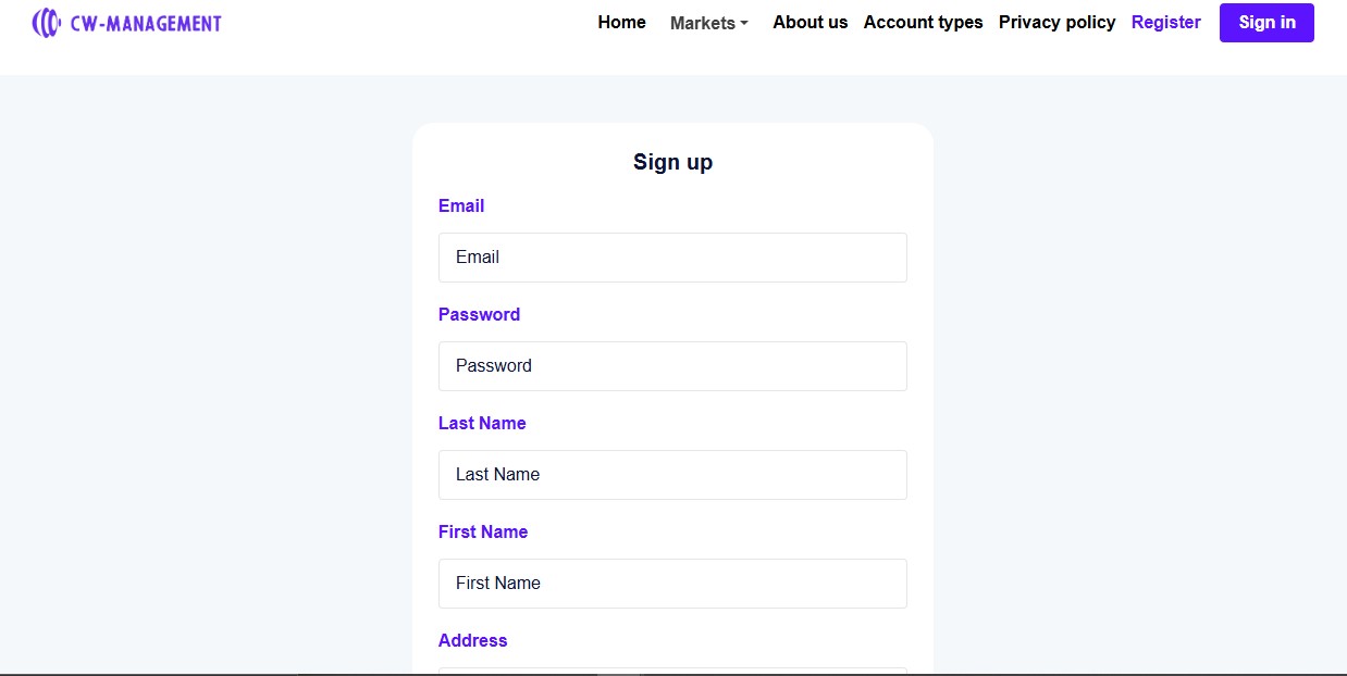 CW Management Registration Page