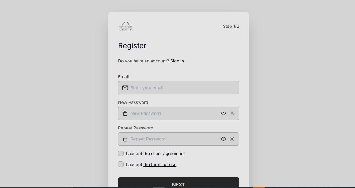 Next Street Corporation Registration Page