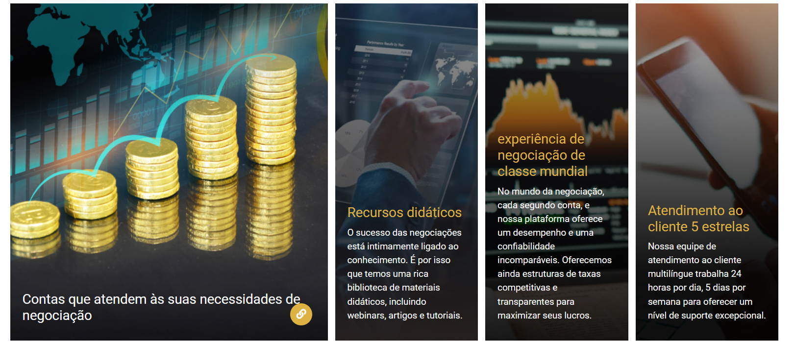 Captura de tela mostrando as quatro vantagens da XMRMarkets: contas personalizadas, recursos didáticos, experiência de negociação e atendimento 5 estrelas.