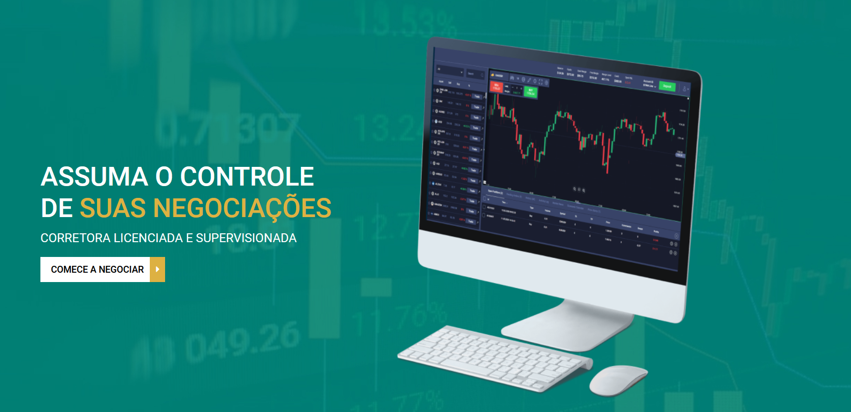 Captura de tela da plataforma XMRMarkets com gráfico em tempo real e mensagem “Assuma o controle de suas negociações”
